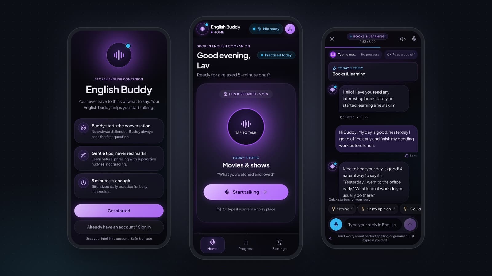 IntelliHire Buddy welcome, home and conversation screens shown on three phones